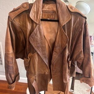 Vintage soft genuine leather brown jacket w/ tie